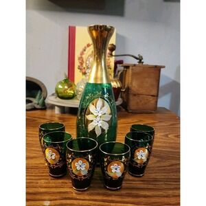 Vintage Murano Emerald Green & 24k Gold Handpainted Glass Decanter 7 Piece Set